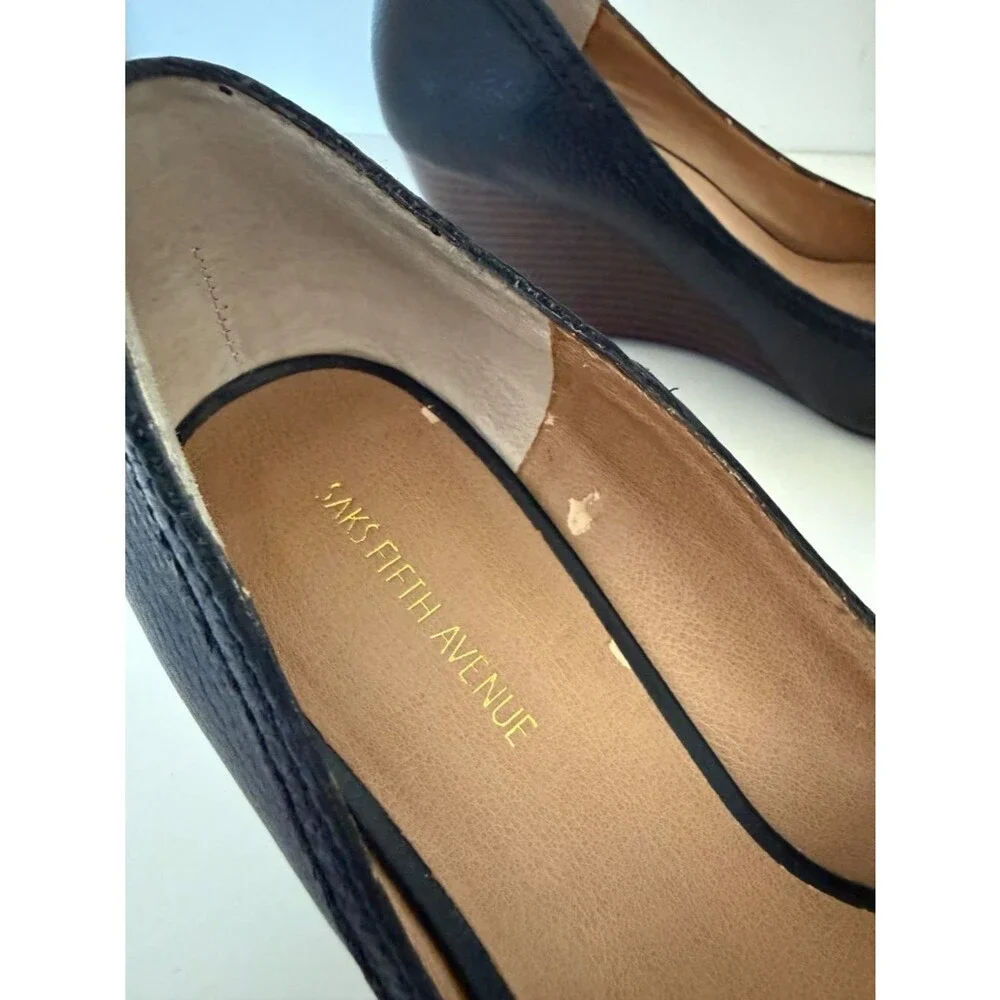 Saks Fifth Avenue Black Leather Peep Toe Wedge Heels 7M